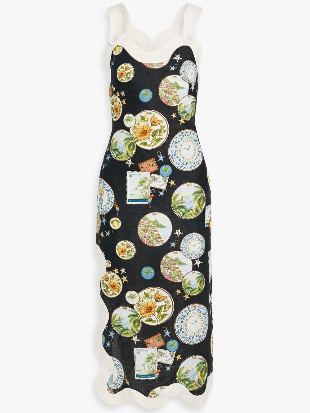 FARM Rio Black Midi Dress with Cream Trim and Multicolor Medallion Print